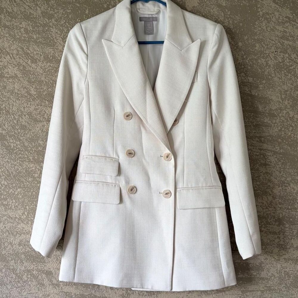 H&M Cream ivory Longline Double Breasted Blazer XS NWOT